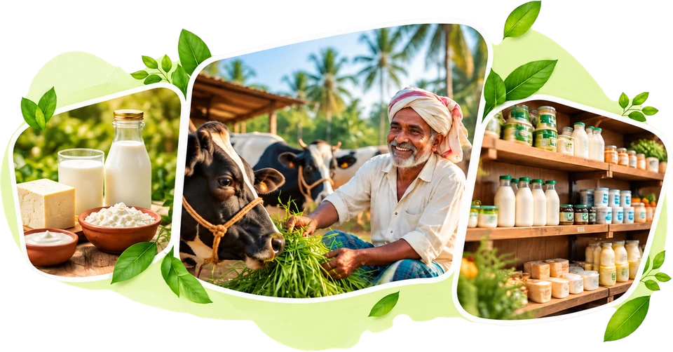 Transparent collage of dairy products, a farmer feeding a cow, and natural food shelves.