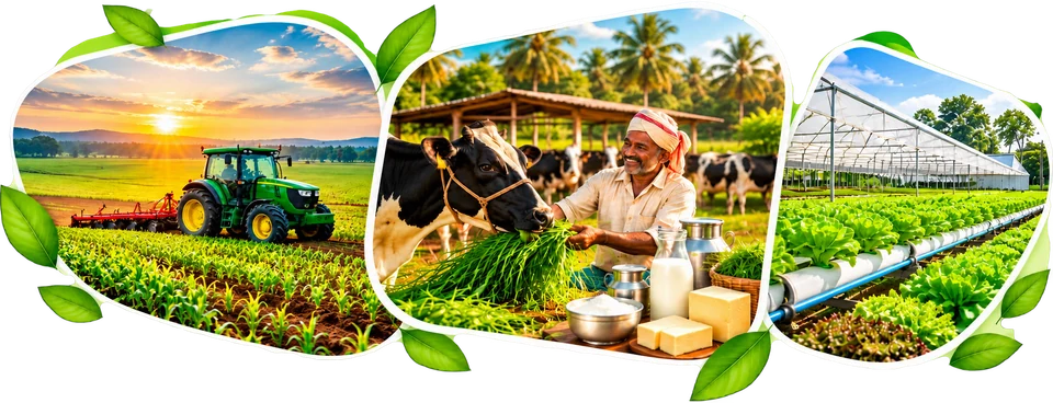 Farming collage with a tractor at sunrise, a farmer feeding a cow, dairy products, and greenhouse crops.