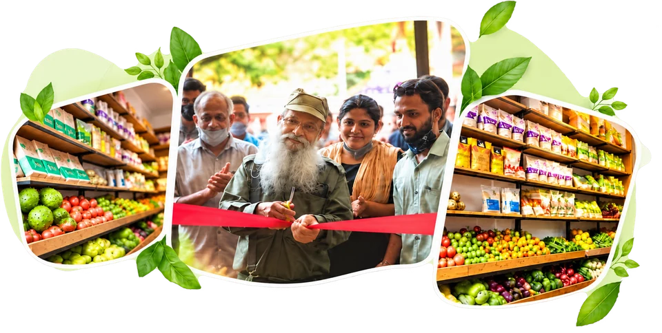Transparent organic market opening collage with a ribbon-cutting scene and produce shelves.