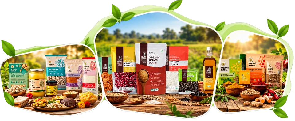 Organic grocery collage with packaged grains, pulses, flour, sweeteners, ghee, honey, oil, and spices.
