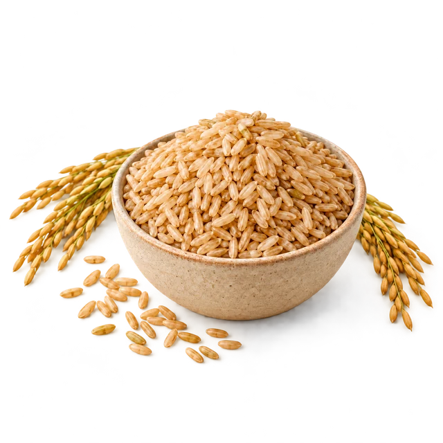 A ceramic bowl of uncooked brown rice with golden rice stalks