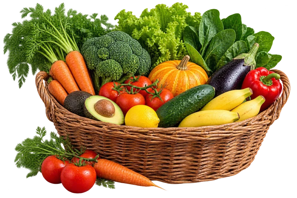 A wicker basket filled with colourful vegetables, leafy greens, and fresh fruit